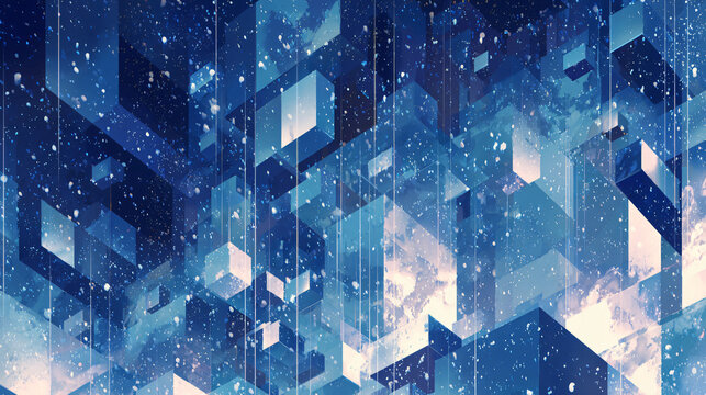 Abstract snow falling, clean geometric shapes, warm ambient lighting, cool color palette of deep blue and white, digital illustration, volumetric light 