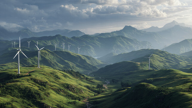 An expansive landscape featuring wind turbines gracefully situated amidst verdant hills and under a dramatic sky