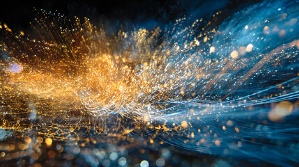 Abstract motion blur of light trails from fireworks and festive bokeh, creating an energetic background texture for a New Year's celebration, rich deep blue and gold color palette