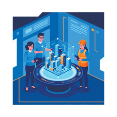 Vector illustration of engineers analyzing a futuristic holographic smart-city model. Ideal for urban planning, innovation, architecture, and technology concepts. Vector illustration