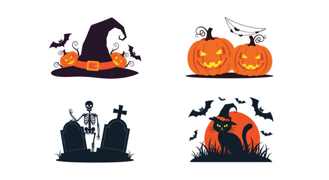 Festive halloween illustrations featuring pumpkins, a witch's hat, a spooky graveyard scene, and a black cat with bats against a full moon. - Powered by Adobe