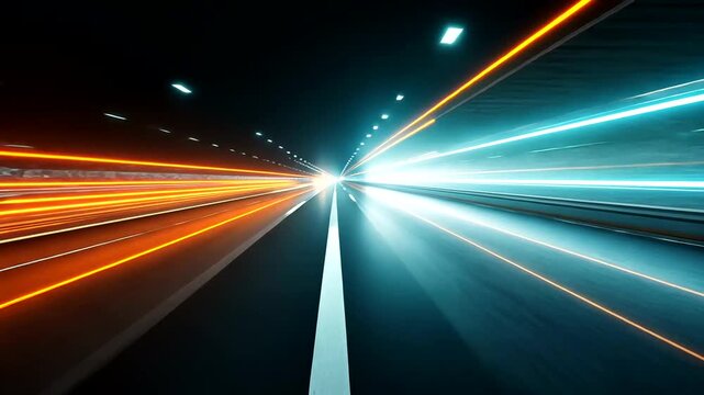 Abstract night highway tunnel with orange and blue light trails showing speed