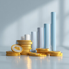 3D rendering of a stack of abstract, smooth currency coins next to a growing bar chart, soft professional light, minimalist presentation, light blue and gold color scheme 