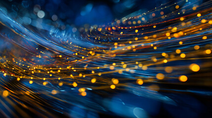 Abstract motion blur of light trails from fireworks and festive bokeh, creating an energetic background texture for a New Year's celebration, rich deep blue and gold color palette