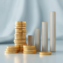 3D rendering of a stack of abstract, smooth currency coins next to a growing bar chart, soft professional light, minimalist presentation, light blue and gold color scheme 