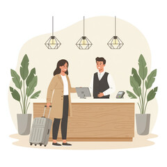 Illustration of a woman checking into a stylish hotel reception with suitcase, friendly staff, soft lighting, and modern decor. Perfect for travel and hospitality themes. Vector illustration