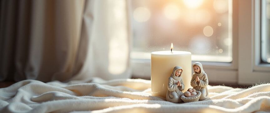 Nativity scene with flickering candle by the window in warm light  