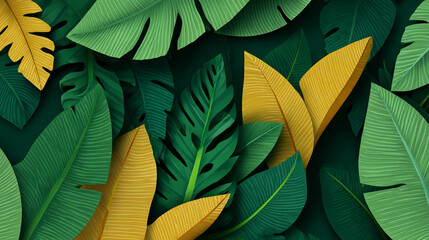 A vibrant, stylized illustration showing a dense tangle of tropical leaves in shades of green and bright yellow against a dark background, featuring white speckles.