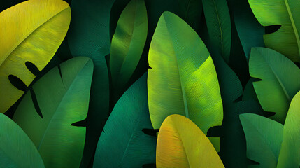 A vibrant, stylized illustration showing a dense tangle of tropical leaves in shades of green and bright yellow against a dark background, featuring white speckles.