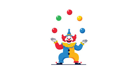 A cheerful clown juggles colorful balls in a playful performance, showcasing skill and entertainment for audiences of all ages.