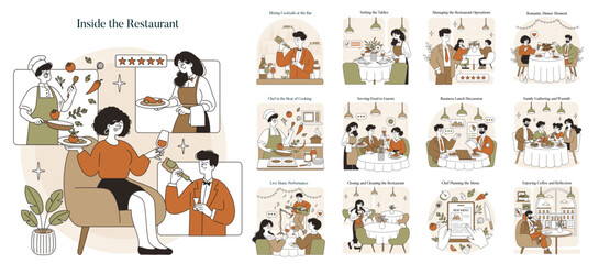 Restaurant Scenes Illustrating Various Dining Moments