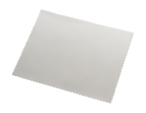 Light grey microfiber lens-cleaning cloth with heat-sealed edges.