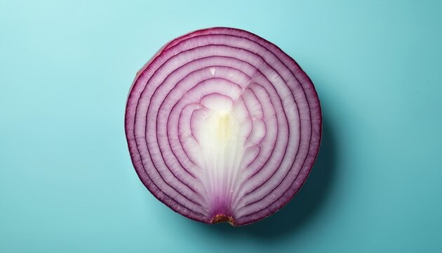 Cross section of red onion against blue background. The vegetable has purple layers with a white center. Food ingredient for cooking healthy salads. Aromatic spice for culinary use.