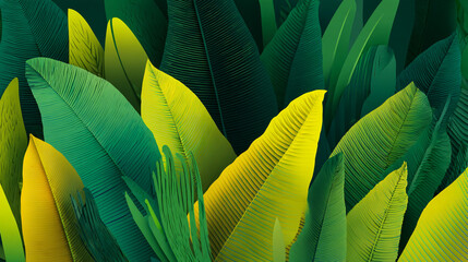 A vibrant, stylized illustration showing a dense tangle of tropical leaves in shades of green and bright yellow against a dark background, featuring white speckles.