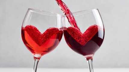 Two wine glasses with red liquid in them, one of which has a heart shape. The heart shape is made by the wine pouring into the glass
