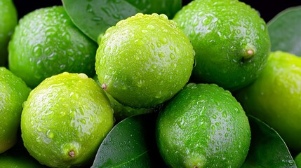 Bunch of green limes with water droplets on them. The limes are sitting on top of a leaf