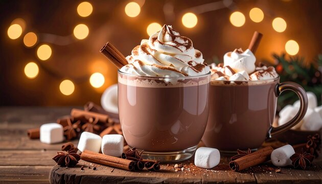 Delicious hot chocolate with whipped cream, cinnamon, and marshmallows served during winter evenings when lights twinkle
