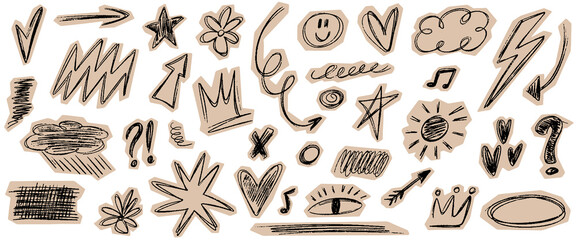 Cut out scrapbook doodle elements. Hand drawn crayon pen underline children marker scratch, arrows, heart, stars and scribbles. Vector torn craft paper shapes with funky texture for design collages