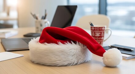 A festive Santa hat brings holiday cheer to a modern office desk, symbolizing the Christmas season at work and fostering a positive workplace atmosphere