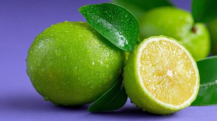 Lime is cut in half and has a green stem. The lime is sitting on a purple background