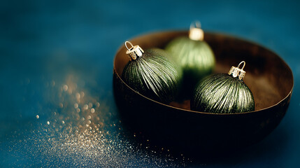 green christmas baubles in dark bowl on deep blue surface with warm sparkling bokeh and festive glitter, elegant holiday mood, concept of modern winter celebration