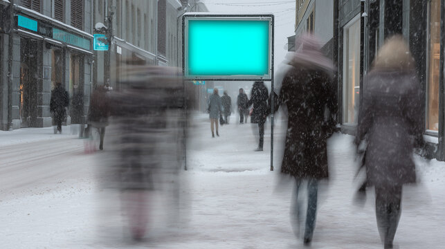 Winter street with crowd walking in snowfall and bright empty advertising board glowing in cold light, motion blur, concept of marketing, retail, promotion