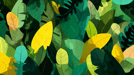 A vibrant, stylized illustration showing a dense tangle of tropical leaves in shades of green and bright yellow against a dark background, featuring white speckles.