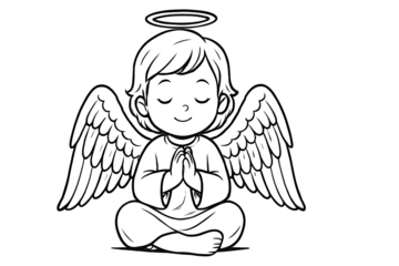 Cute praying baby angel with halo and detailed wings peaceful spiritual illustration sitting cross-legged for holiday artwork isolated on white background