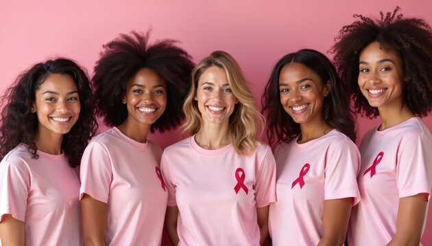 Diverse women wear pink shirts with ribbons, showing solidarity for breast cancer awareness. They smile together in support, promoting hope and strength for a cure. Fighting cancer with unity.