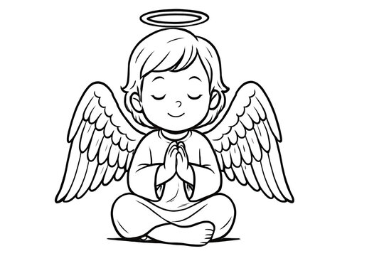 Cute praying baby angel with halo and detailed wings peaceful spiritual illustration sitting cross-legged for holiday artwork isolated on white background