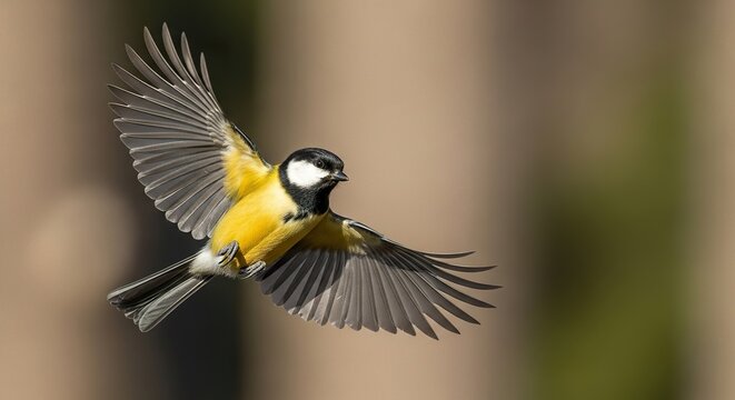 Palawan Tit mid-flight through filtered sunlight, crisp highlight edges