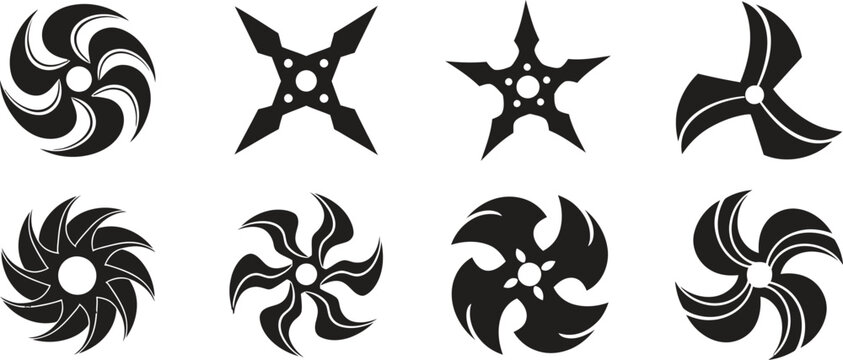 Collection of eight black silhouette ninja throwing stars and shuriken weapon designs on a white background