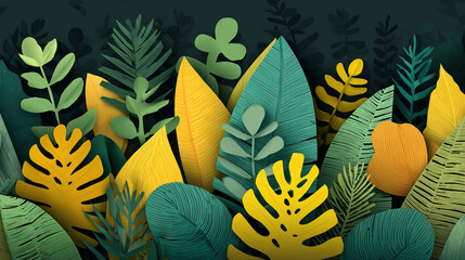A vibrant, stylized illustration showing a dense tangle of tropical leaves in shades of green and bright yellow against a dark background, featuring white speckles.