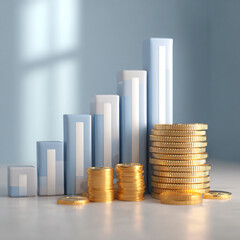 3D rendering of a stack of abstract, smooth currency coins next to a growing bar chart, soft professional light, minimalist presentation, light blue and gold color scheme 