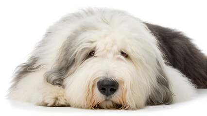 Old English Sheep dog, It's getting sleepy. isolated on a white background