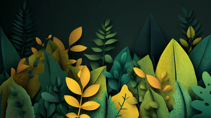 A vibrant, stylized illustration showing a dense tangle of tropical leaves in shades of green and bright yellow against a dark background, featuring white speckles.
