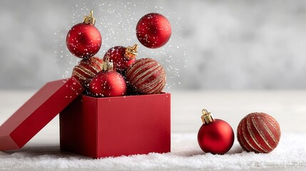 Red box with a bunch of red Christmas ornaments inside. The ornaments are scattered around the box and some are falling out of it