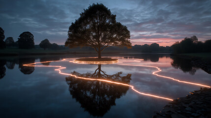 Serene scenery tree silhouette reflected on calm lake at dusk glowing light pathways