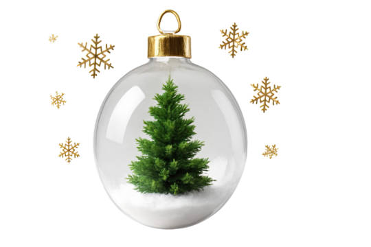 Elegant Christmas ornament with miniature green tree inside clear glass bauble surrounded by golden snowflakes festive holiday decoration design isolated on white background