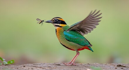 Fototapeta premium Hooded Pitta hopping toward a bright insect, emerald plumage glowing, fine art tonality