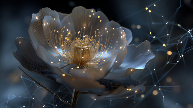 Artificial flower with golden accents and digital mesh against a blurred background - Powered by Adobe