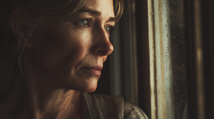 A woman gazes wistfully out a window, lost in thought. Her expression is a mix of contemplation and a hint of melancholy