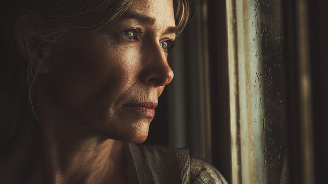 A woman gazes wistfully out a window, lost in thought. Her expression is a mix of contemplation and a hint of melancholy - Powered by Adobe