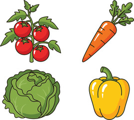  Vegetable Garden Icons Tomato Plant, Carrot, Lettuce Head, Bell Pepper.