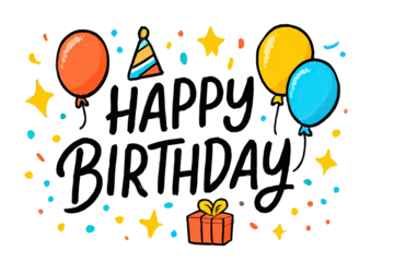 Colorful happy birthday celebration design with balloons confetti party hat gift box festive cheerful greeting illustration vibrant artwork isolated on white background