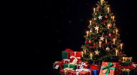 A luminous Christmas tree, a joyful seasonal centerpiece, adorned with sparkling decorations and abundant presents, evoking warmth and holiday spirit on a dark backdrop