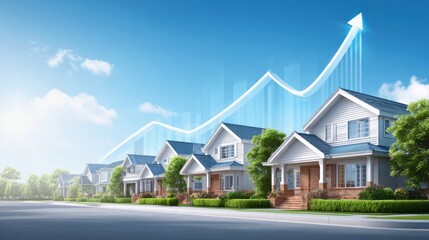Housing Market Trends Concept. A serene suburban neighborhood with houses and a graphic upward trend, symbolizing growth and prosperity in real estate.