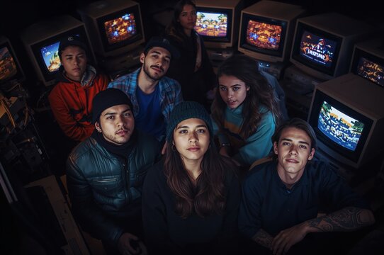 Five captivated friends gather closely as glowing CRT screens illuminate their nostalgic shared moment