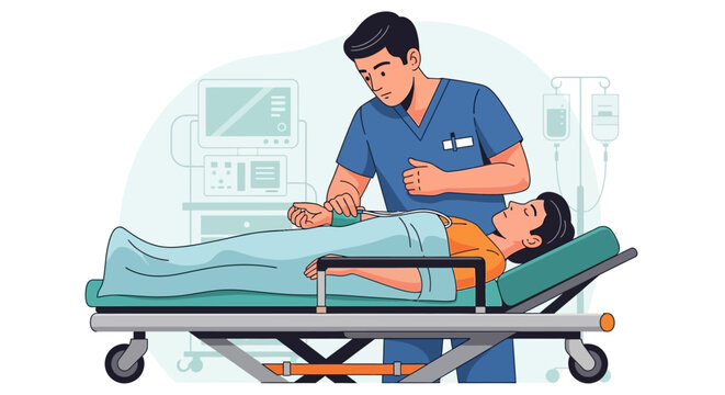 Medical professional attends to patient lying on gurney, showcasing emergency medical care and patient transport within hospital setting