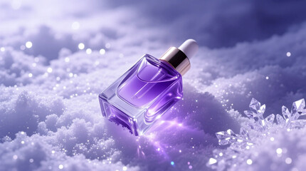 Luxury essential oil bottle on translucent snow with violet shimmering light for high-end flat lay product visuals and premium branding